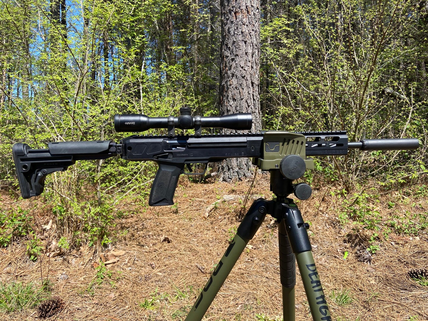 Ruger rifle on a tripod.