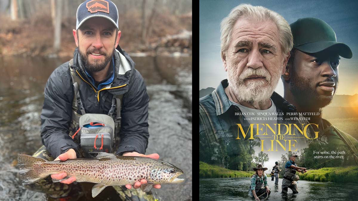 fly fisherman with brown trout and "Mending the Line" movie poster