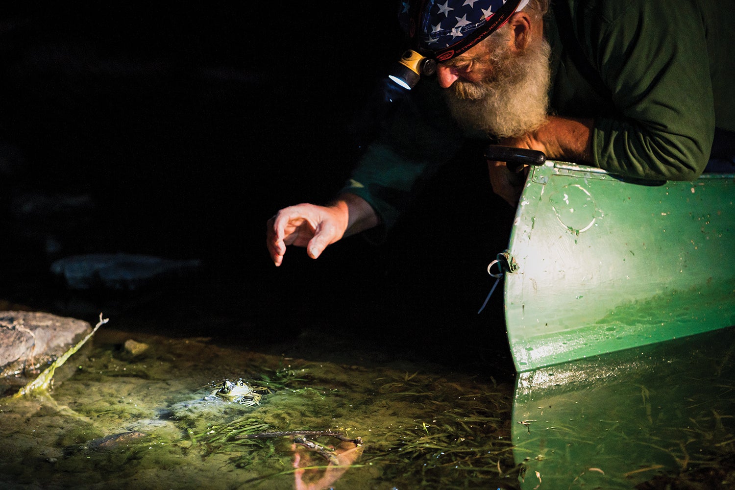 man wearing headlamp reaches for frog in water beside his canoe