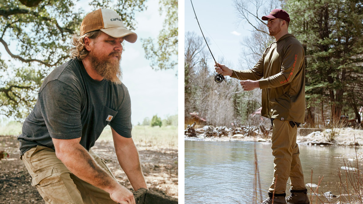Outdoorsmen wearing Carhartt T-shirts and work pants while working and fishing