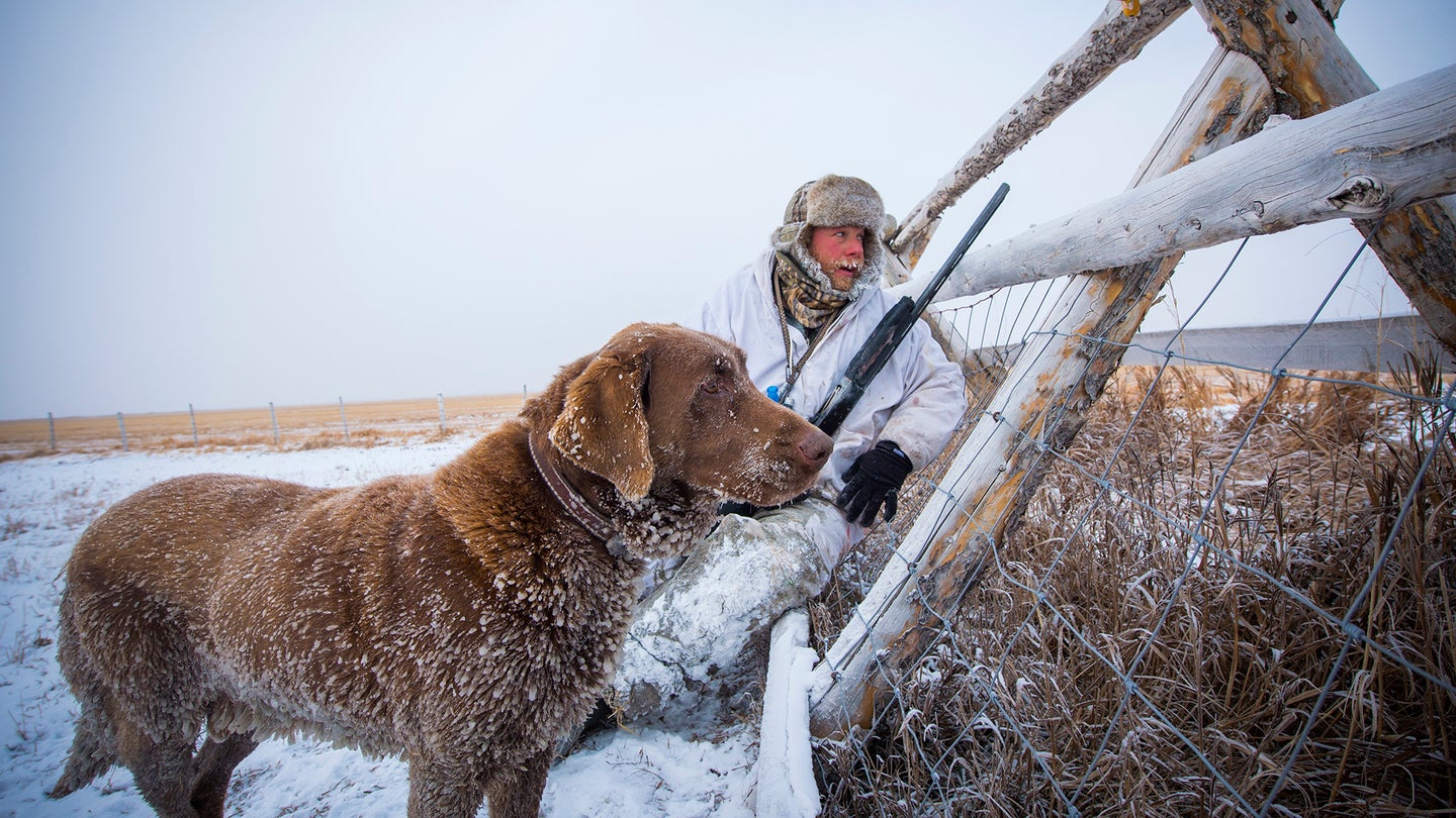 hunter in snow with dog leans on wood frame