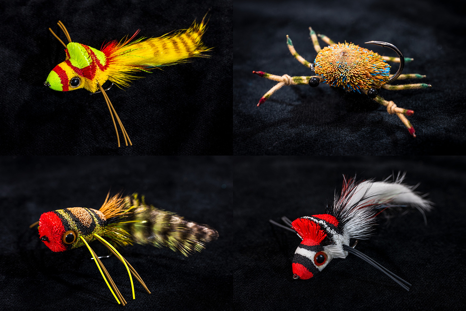 four fishing flies tied by Brandon Bailes, one shaped like a crab