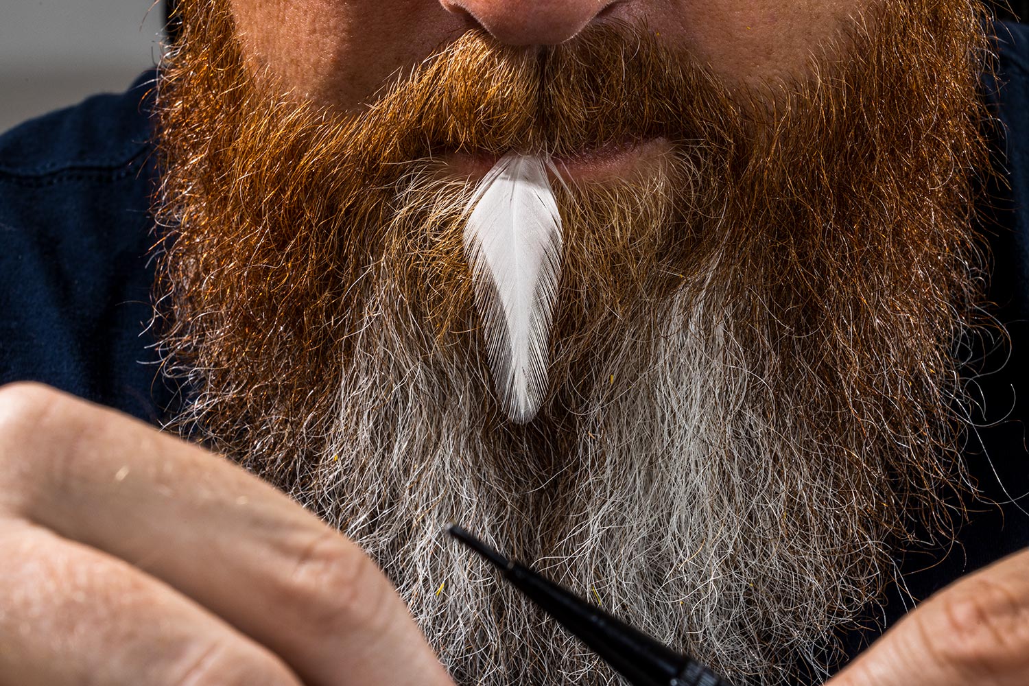 Close-up of the feather in Brandon Bailes' mouth while tying a bow tie