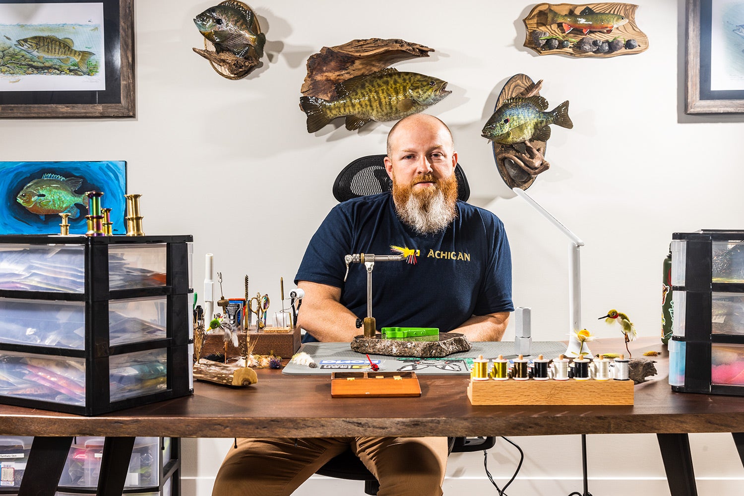 Fly tyer Brandon Bailes at his very tidy workshop table