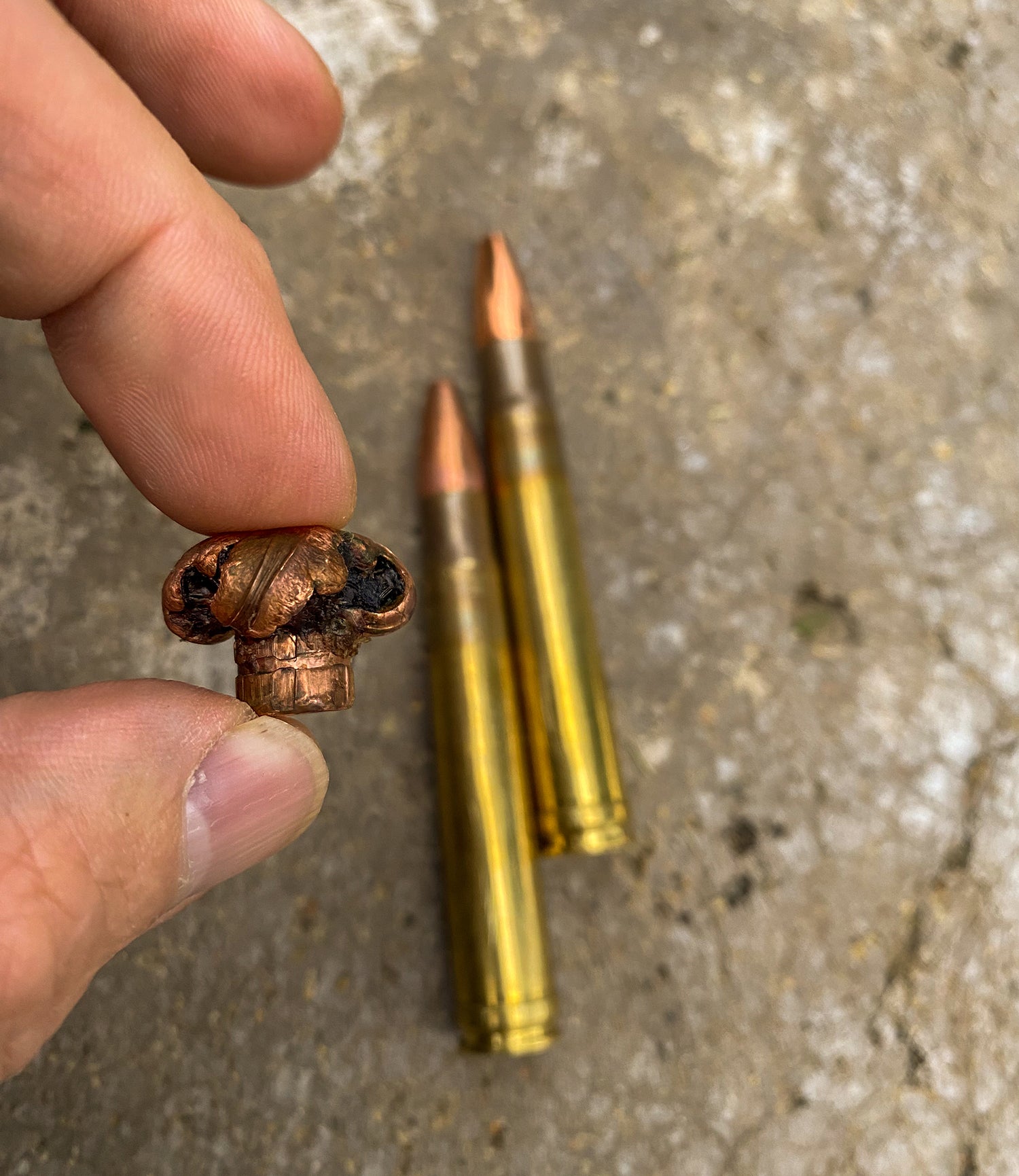 expanded copper bullet and two cartridges