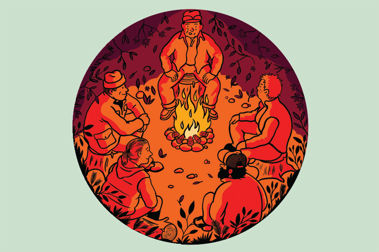 people sit around a cheery campfire