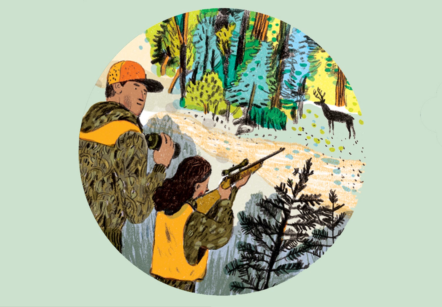young hunter aims at distant deer while mentor holds binoculars