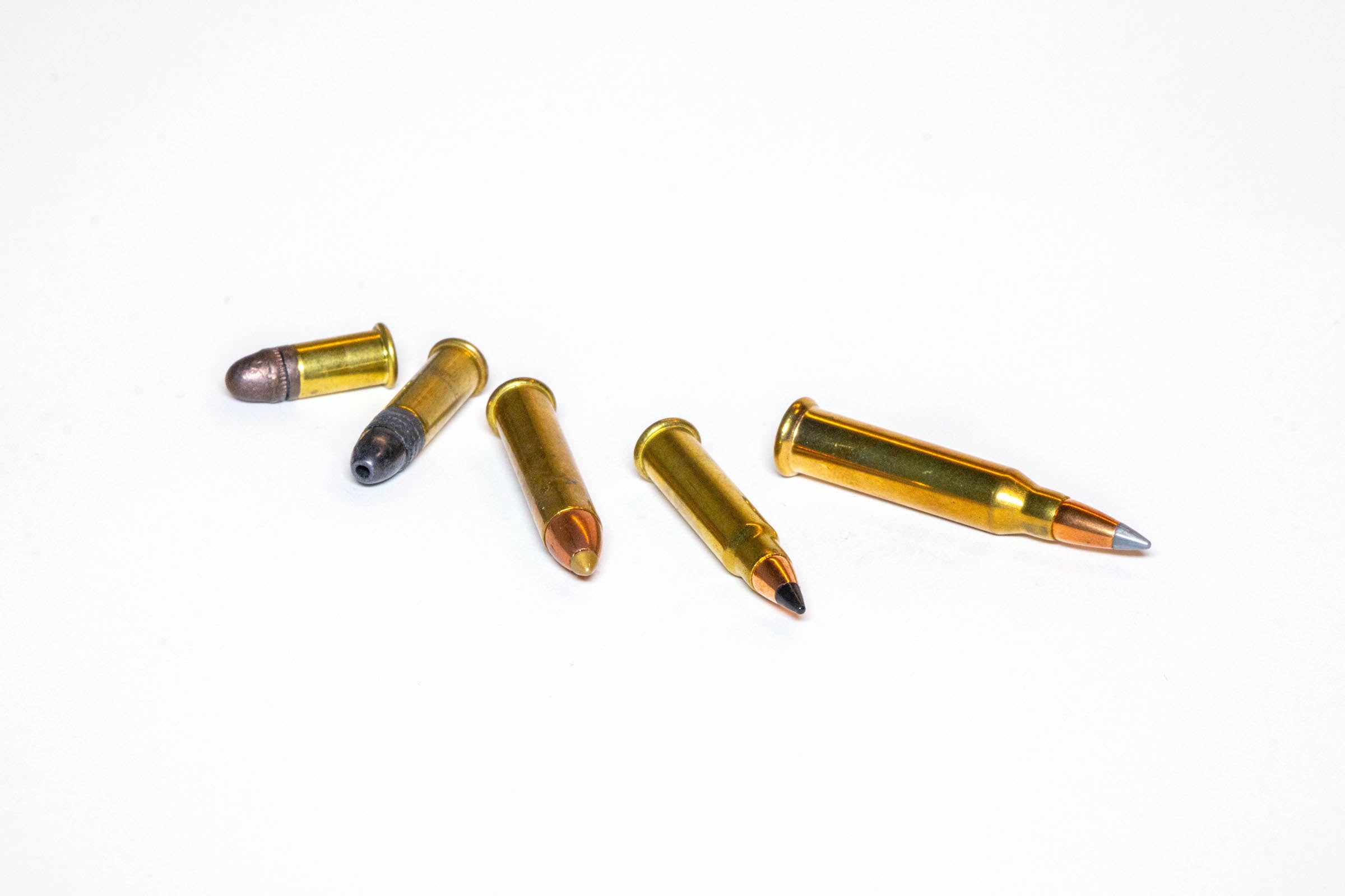 Rimfire cartridges on a white background.
