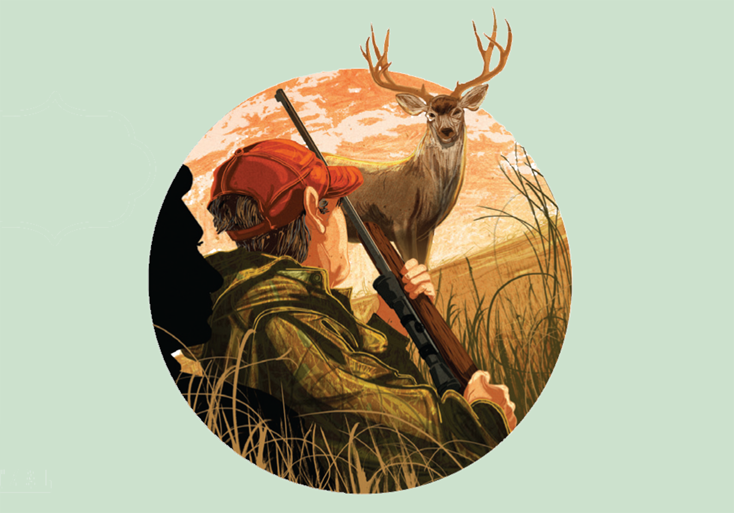 hunter with rifle looks over shoulder at large buck