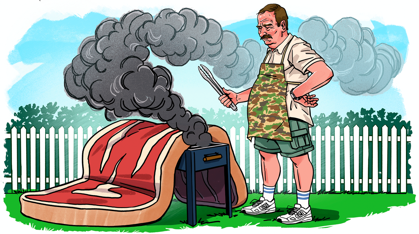 Illustration of man grilling a wooly mammoth steak.