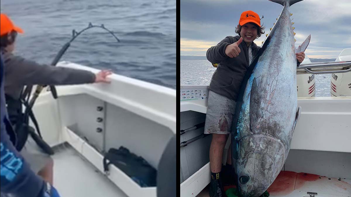 giant bluefin tuna with young boy