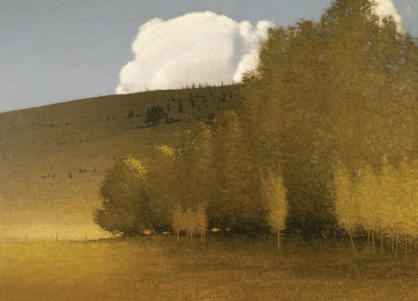 trees in foreground with rising hill and cloud behind; painting