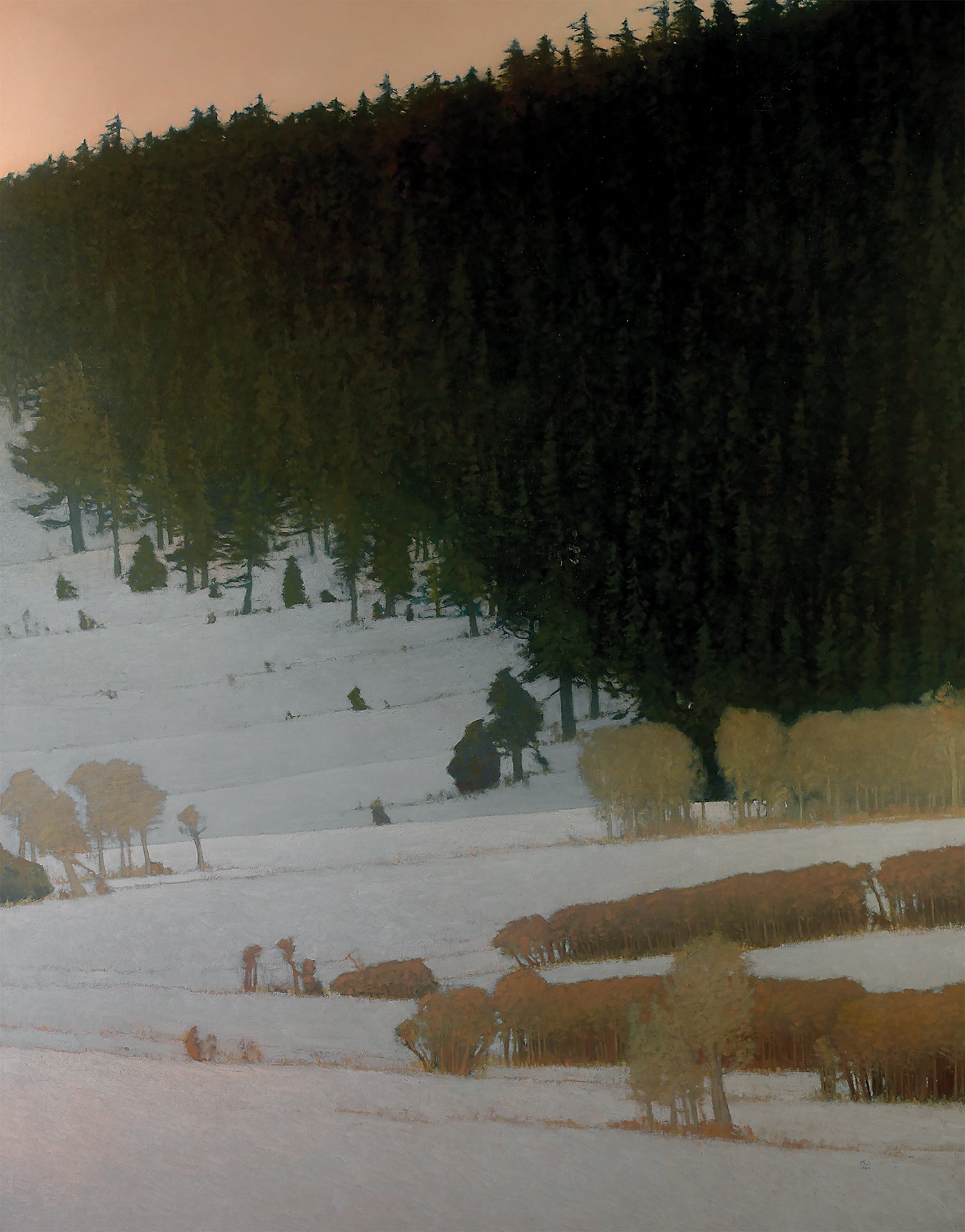 painting of valley with sparse trees in the foreground and thick evergreens behind