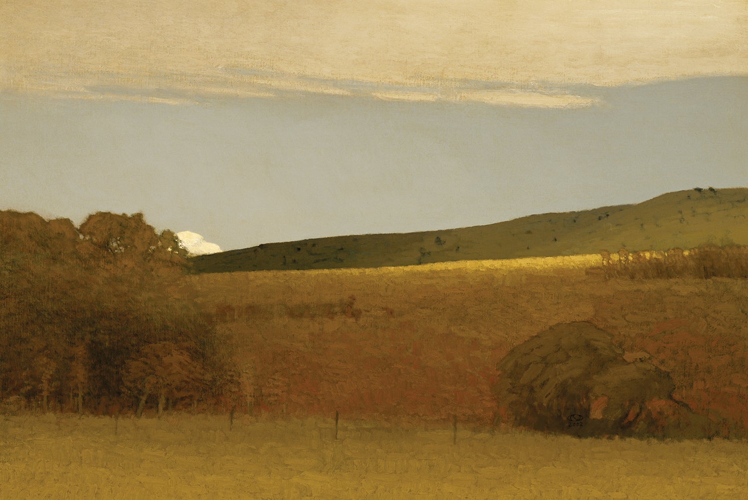 painting of a field with a fence and trees rises; behind that, two hills and a cloudy sky