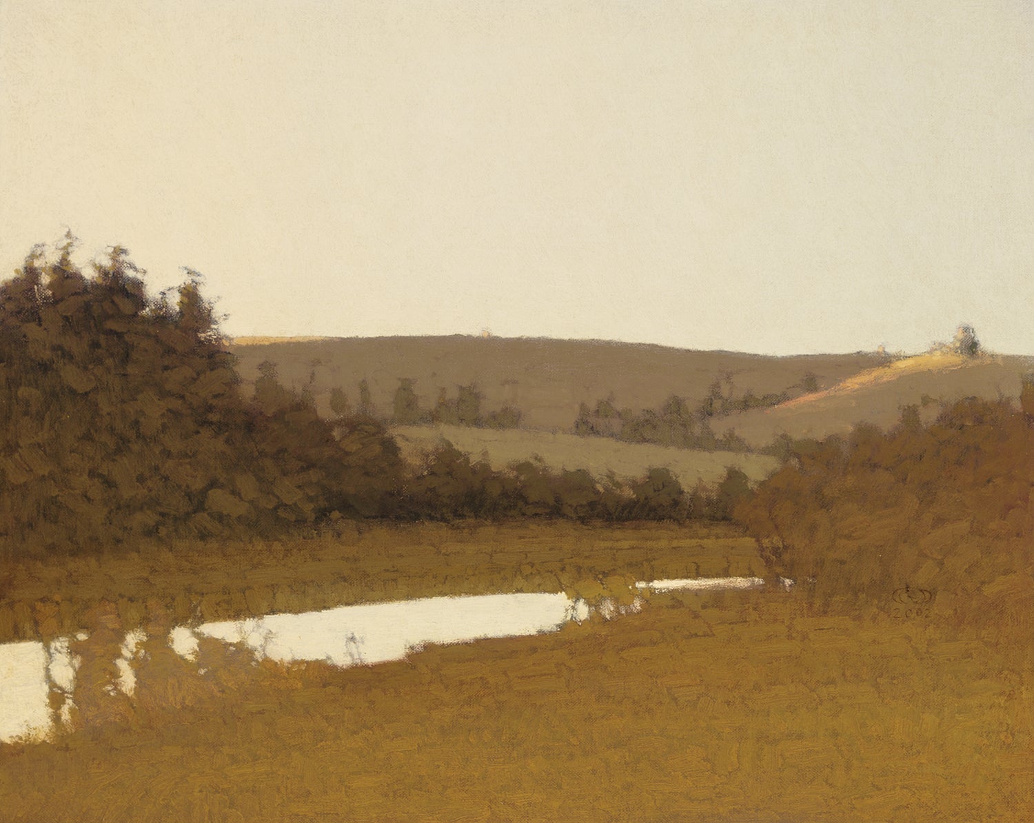 painting with creek in foreground and rolling hills in distance