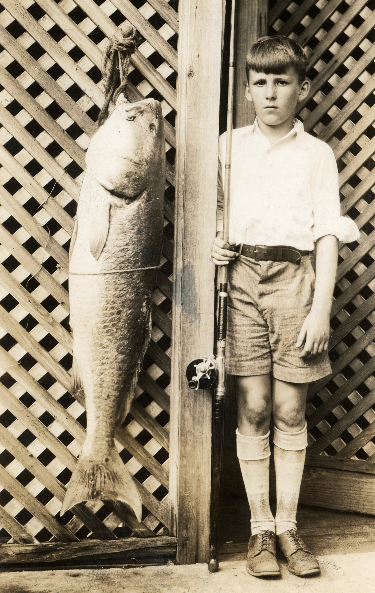 young boy holding fishing rod poses with large redfish that is only a bit shorter than he is