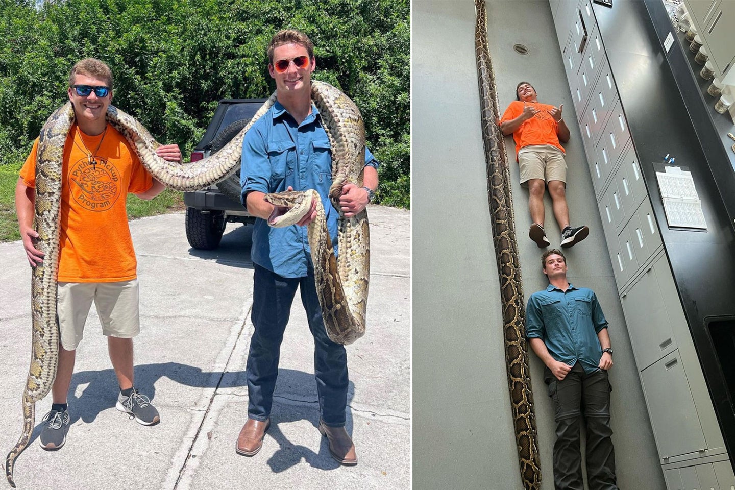 Snake hunters Jake Waleri and Stephen Gauta pose with their record snake.