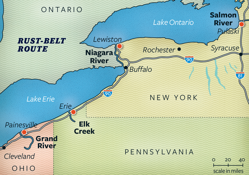 map shows places anglers fished in Ohio, Pennsylvania, and New York