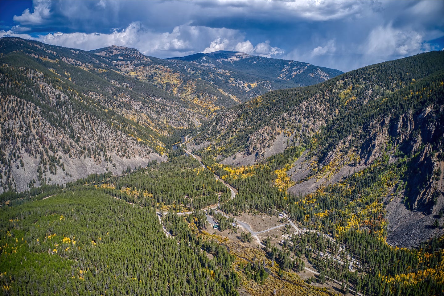 An aerial view of the Gunnison National Forest in fall. 