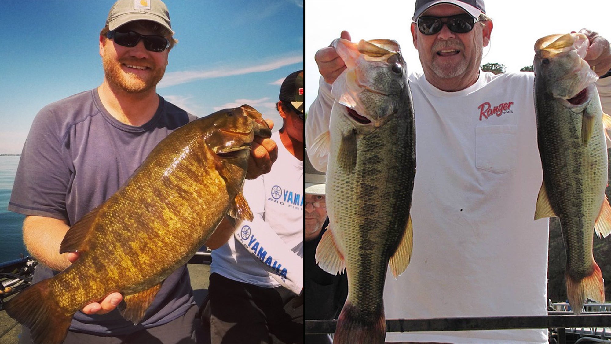 photo showing size of smallmouth bass on left and largemouth on right