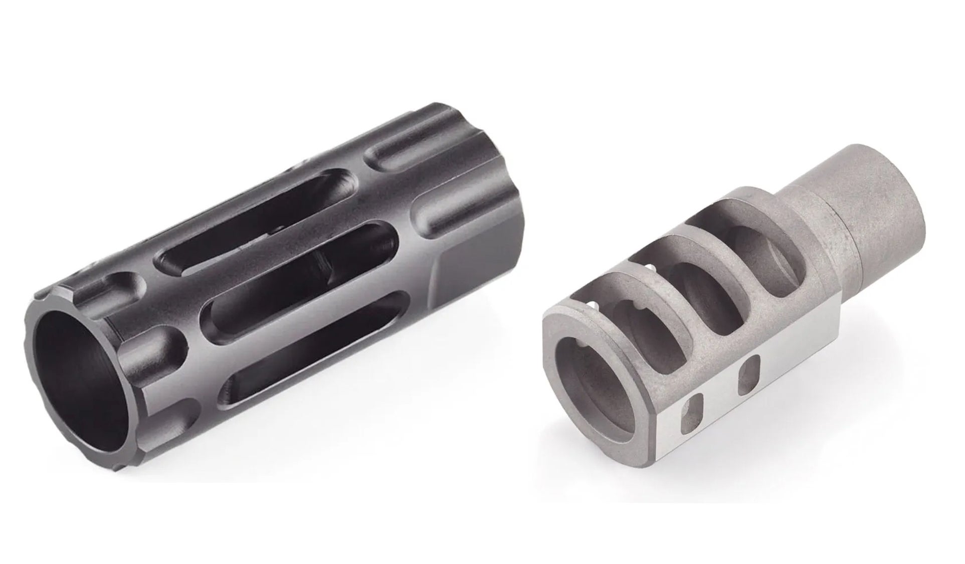 a photo of a muzzle brake on the left and compensator on the right