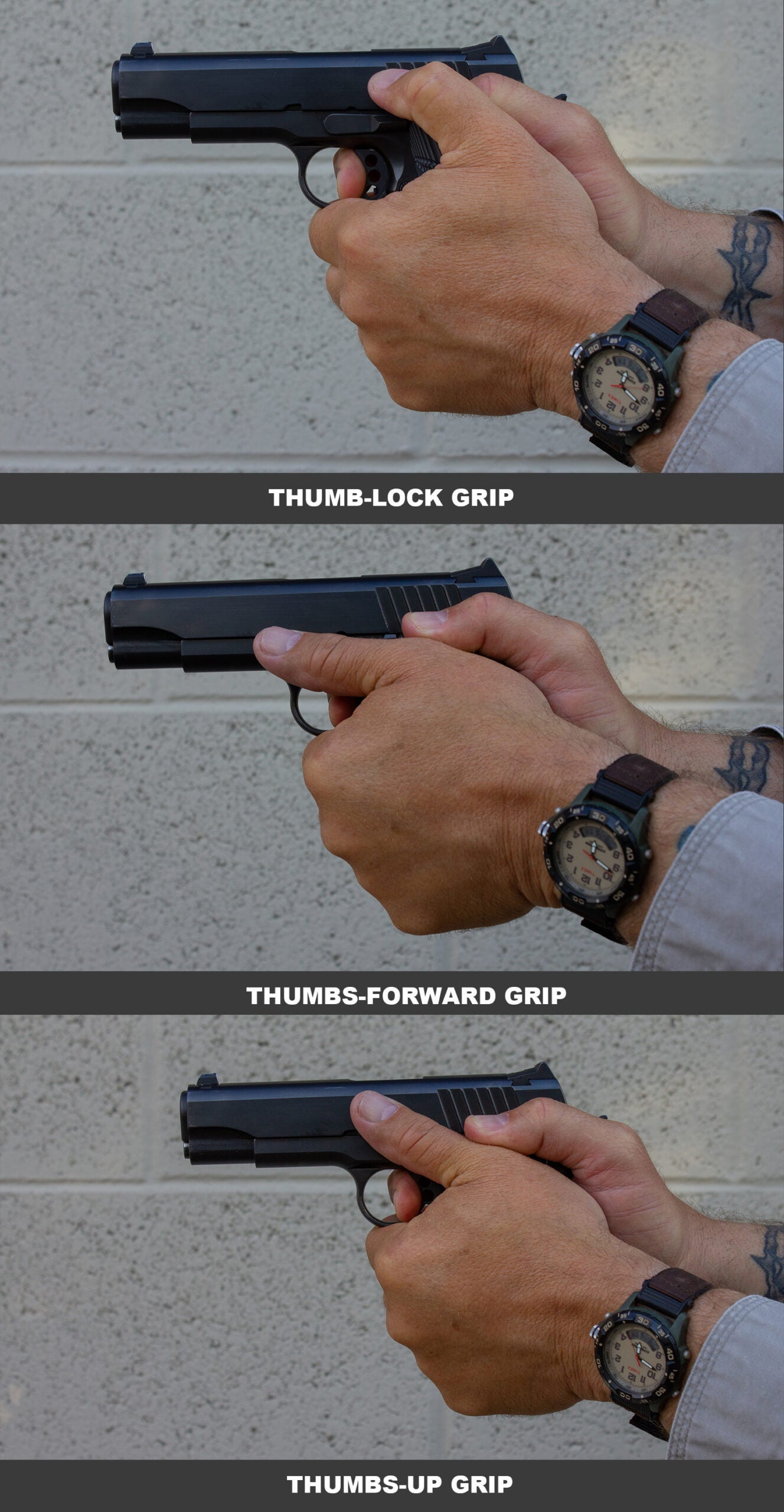 photo showing three different ways to hold a pistol with the support hand