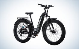 The black colorway of the Aventon Aventure.2 step through fat tire electric bike on a black and white gradient background.