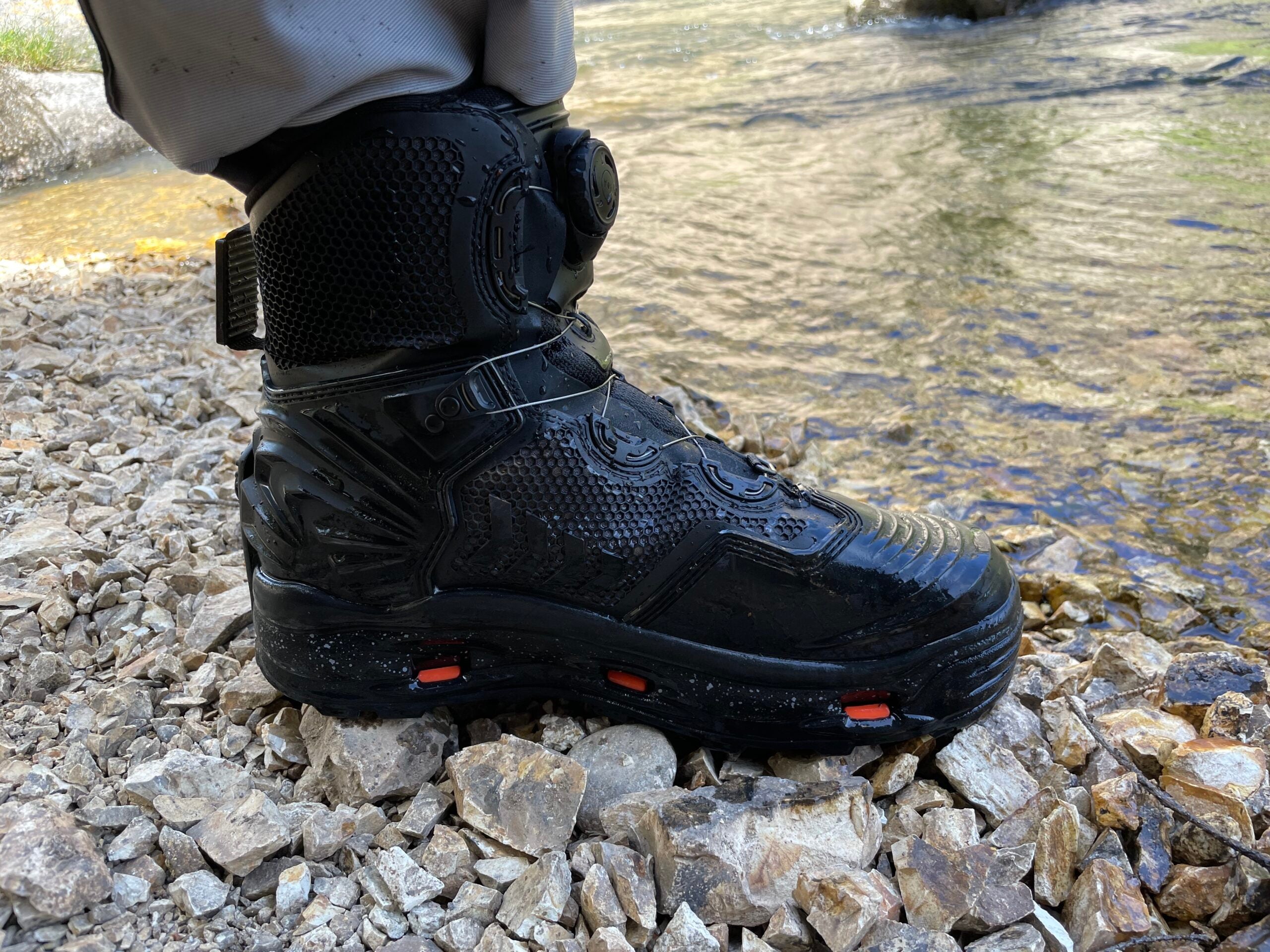 The Korkers River OPS uses BOA laces and interchangeable outsoles. 
