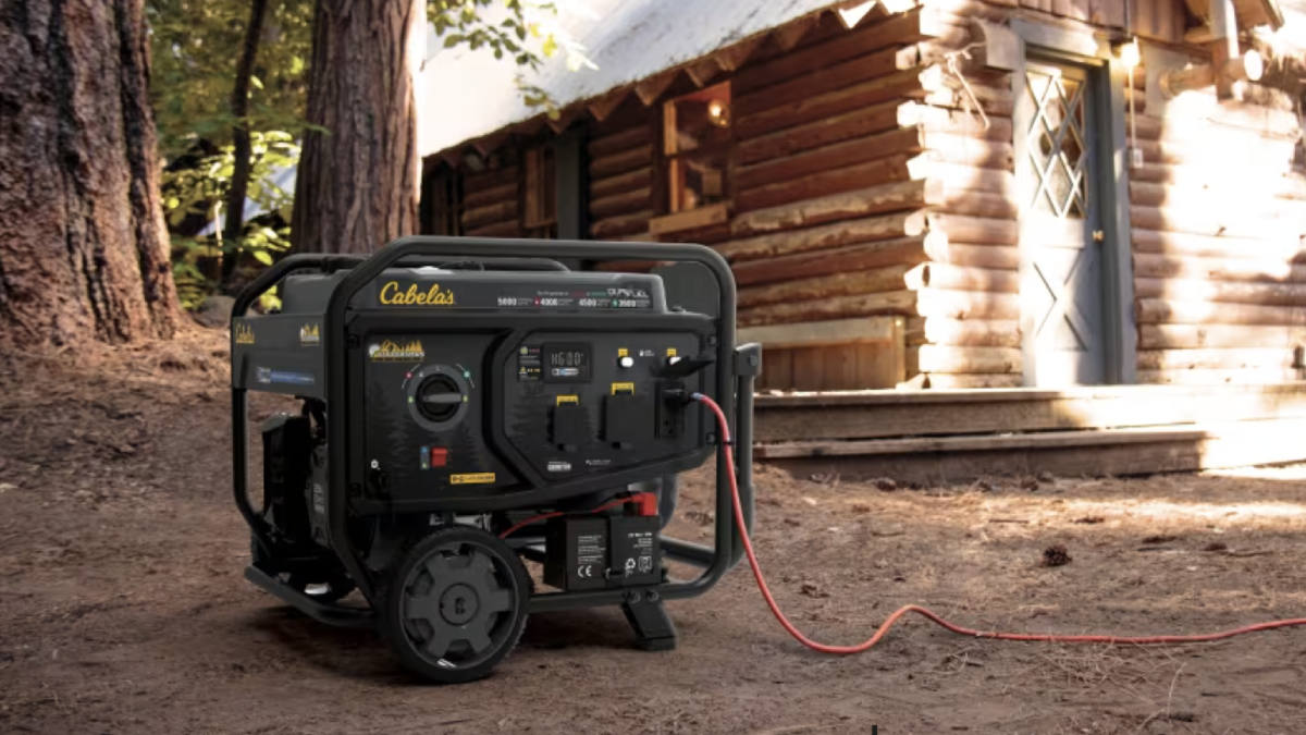 Cabela's Outdoorsman Series Dual Fuel Generator powering up log cabin