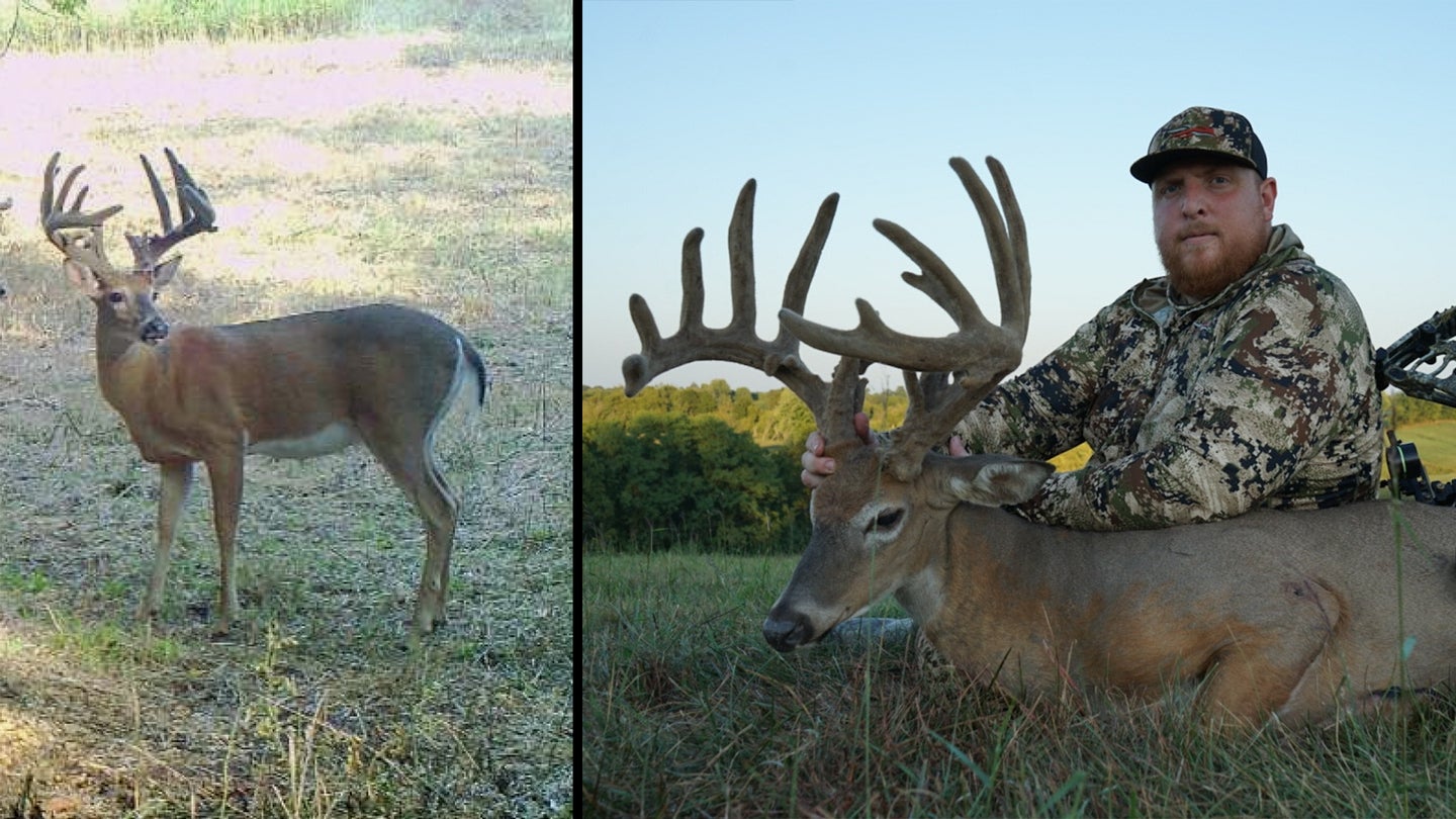 Trail camera photo of big buck on left; harvest photo of same buck on right