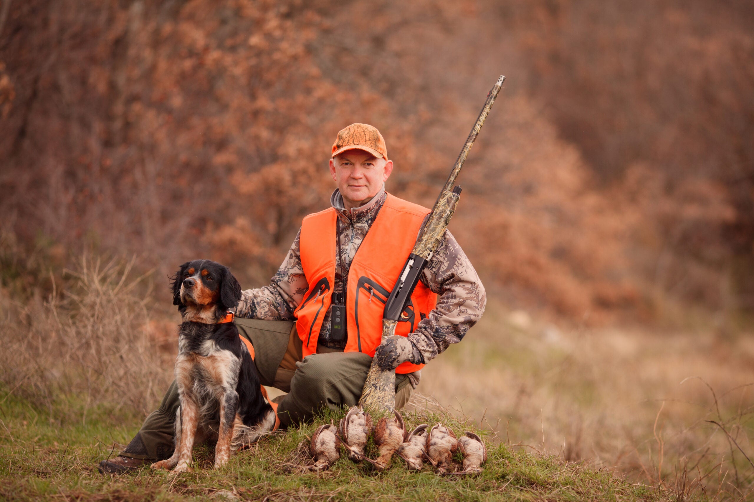 a hunter, his dog, and several woodcock