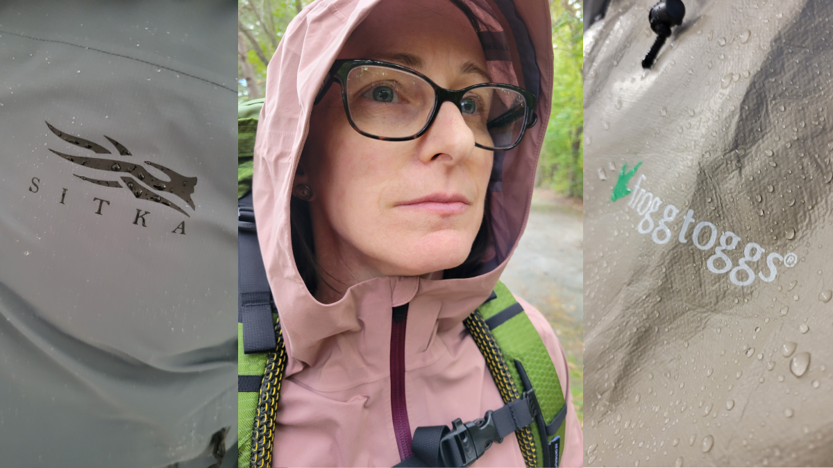 Female hiker wearing Free Fly Cloudshield rain jacket next to Sitka and Frogg Toggs jackets