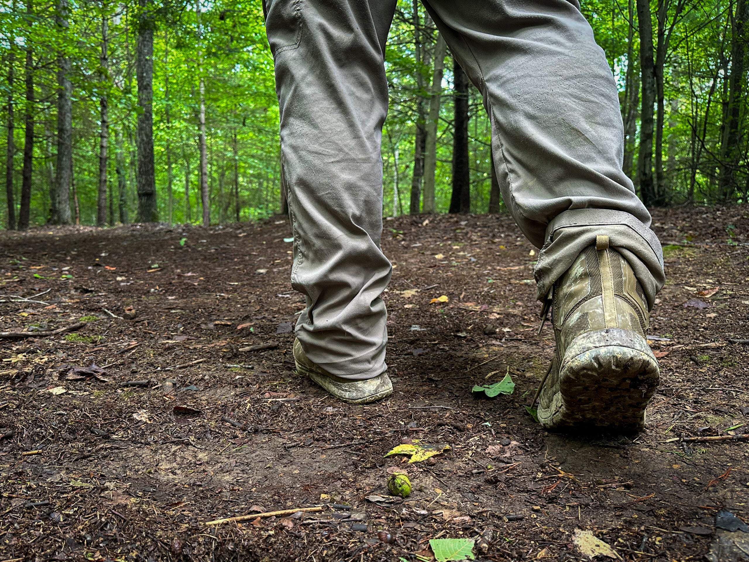 A hiker wearing hiking boots and gray pants walks along a firm dirt trail in woods with green trees.