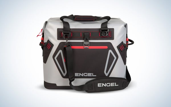 A red, black, and gray Engel HD30 soft sided cooler bag on a black and white gradient background.