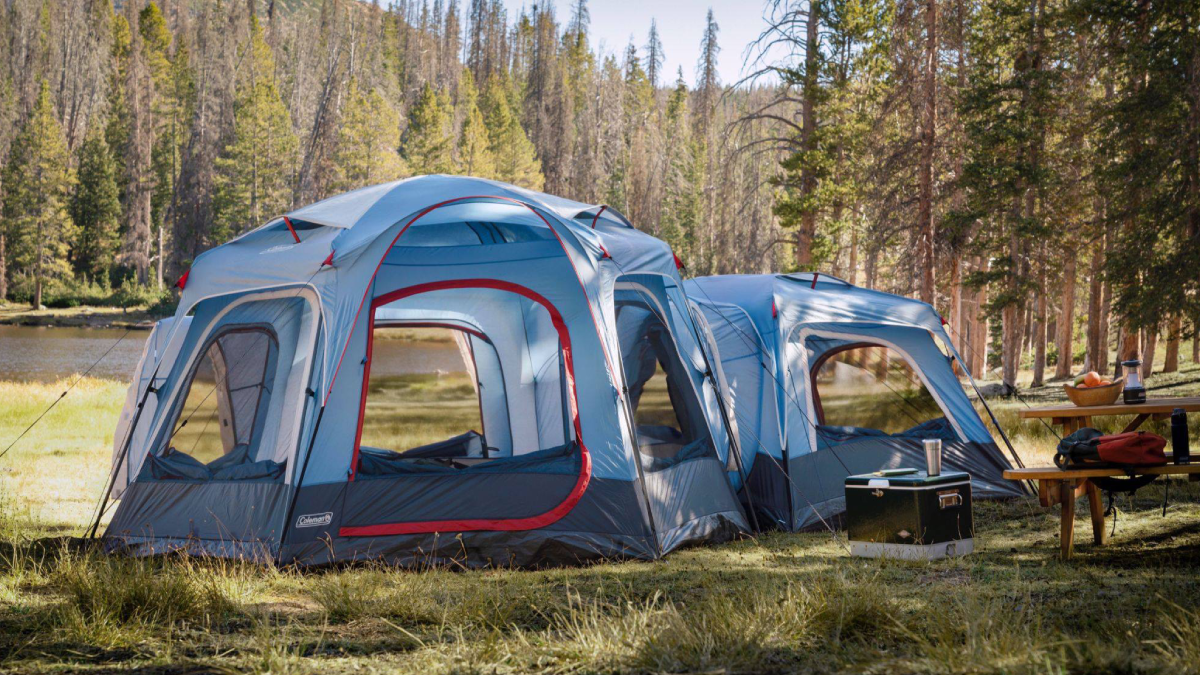 Coleman cabin tent set up in woods