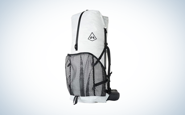 Hyperlite Mountain Gear Windrider 55L Backpack on a white and blue background