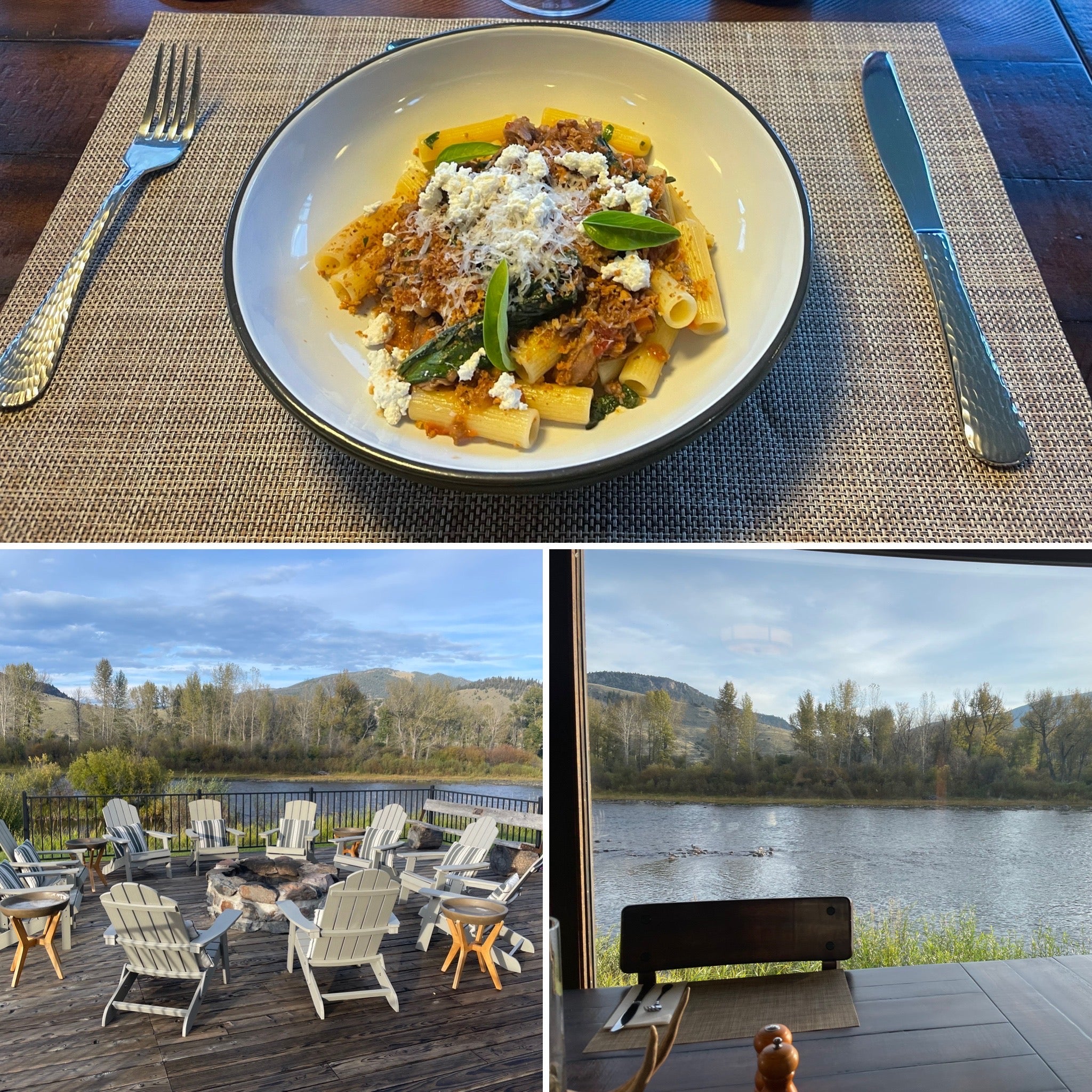 a collage of three photos including a plate of pasta, chairs around a fire pit and picture of a river 