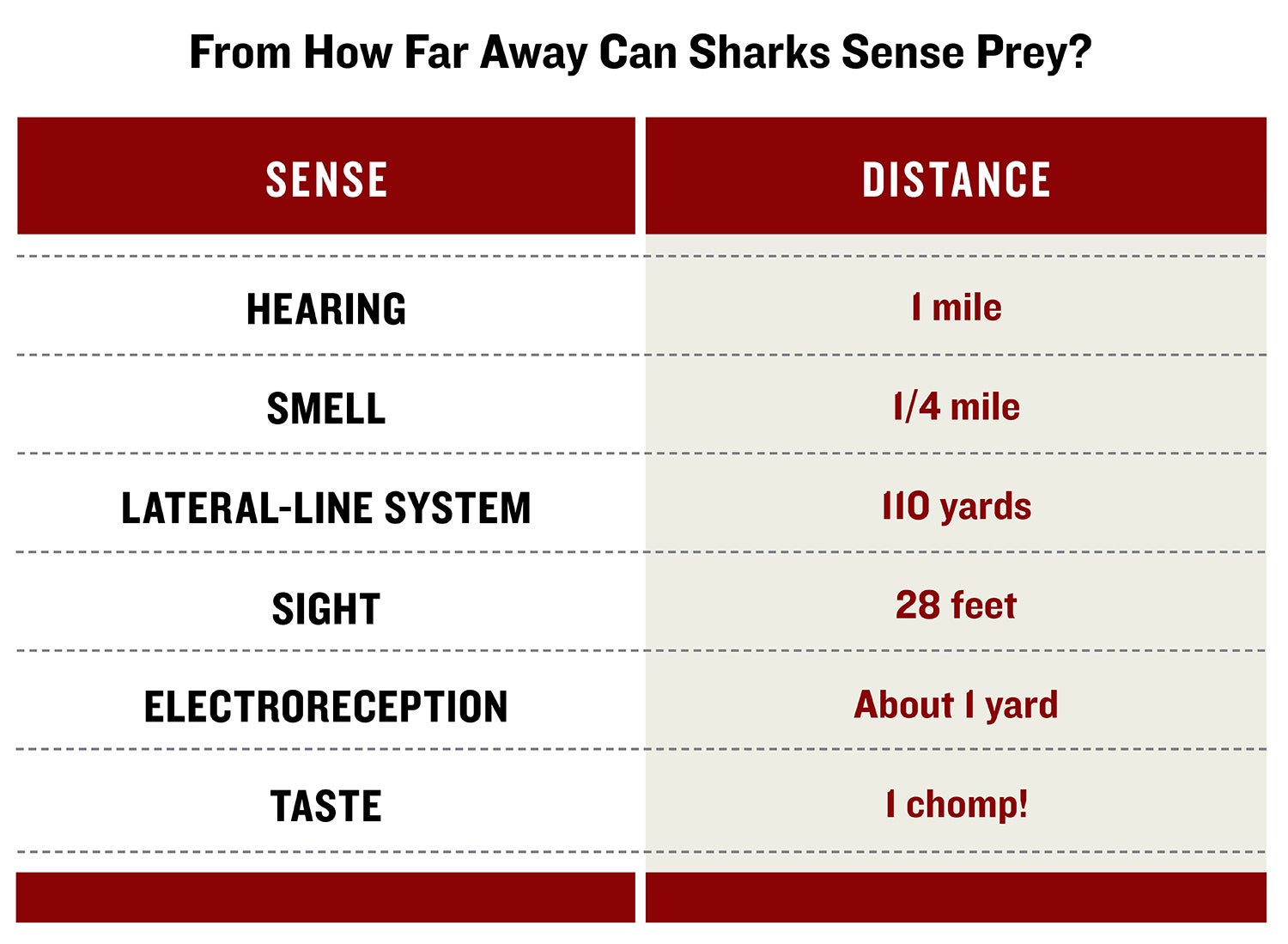 Chart breaking down sharks' senses and the effectiveness of each