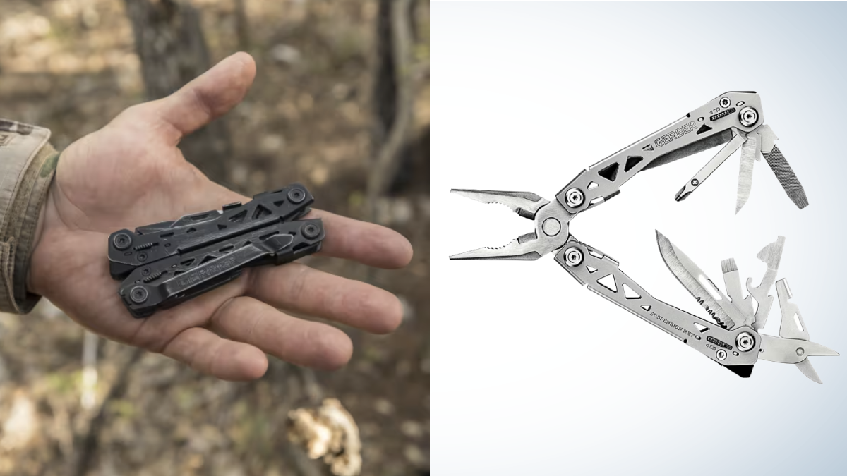 Collage of man holding black Gerber Suspension-NXT Multi-Tool and the tool on a gray and white background