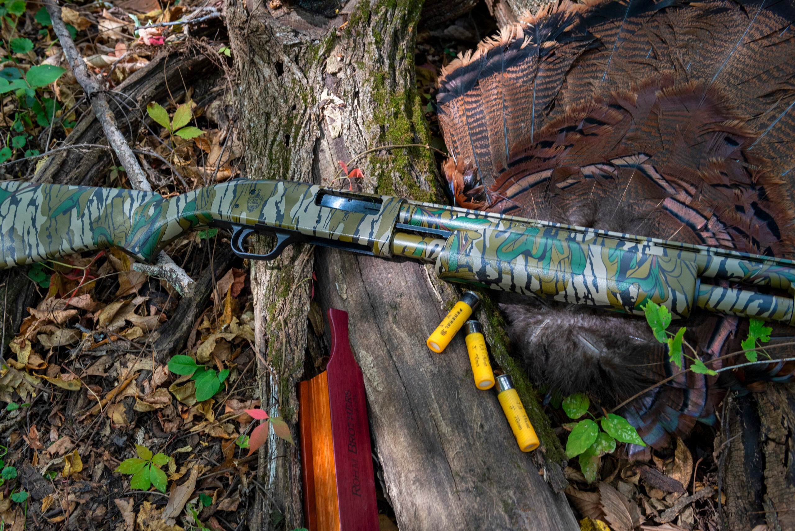 Closeup of the action of Mossberg's new Model 500 20 gauge with shells, box call, and turkey fan