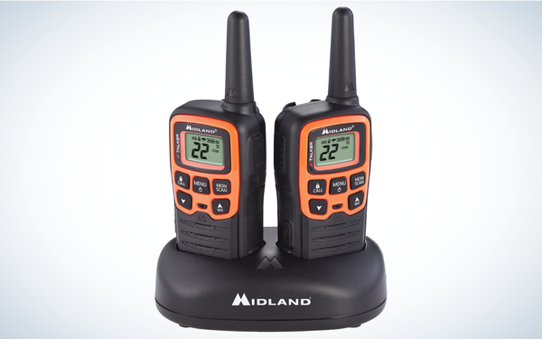 Midland T51VP3 X-Talker Walkie Talkies on gray and white background