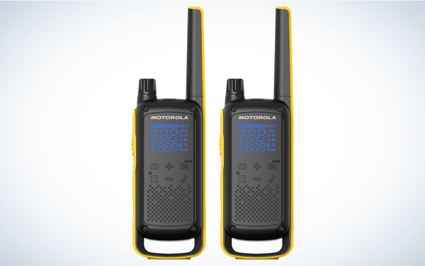 Motorola Solutions Talkabout T475 Extreme Walkie Talkies on gray and white background
