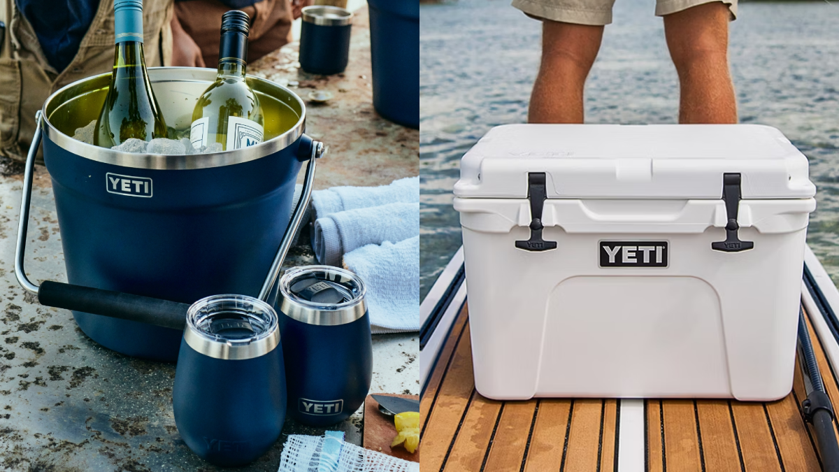 First photo: Yeti ice bucket filled with wine bottles next to two wine tumblers. Second photo: Yeti Tundra cooler on paddle board