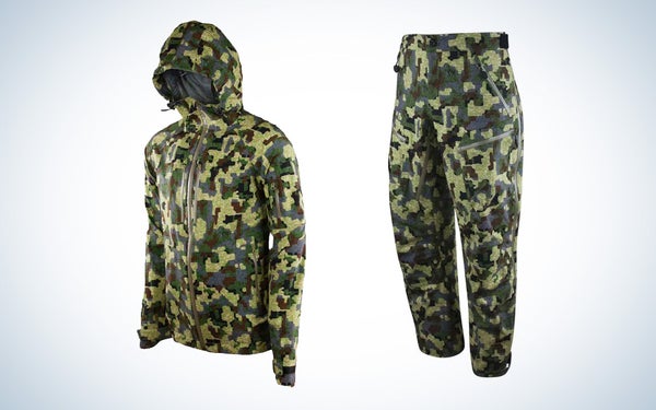 The Forloh AllClima rain jacket pants in a Deep Cover camo pattern on a black and white gradient background.