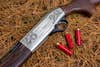 Close-up of new Beretta A400 28-gauge shotgun lying among pine needles with shotgun shells.