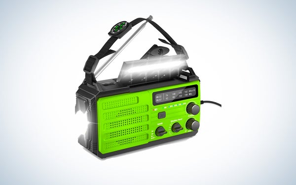 A green and black Givoust weather radio on a black and white gradient background.