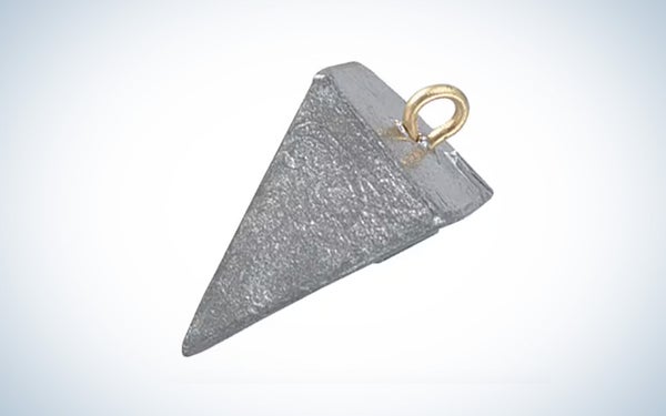 A pyramid sinker used for surf fishing on a gradient background