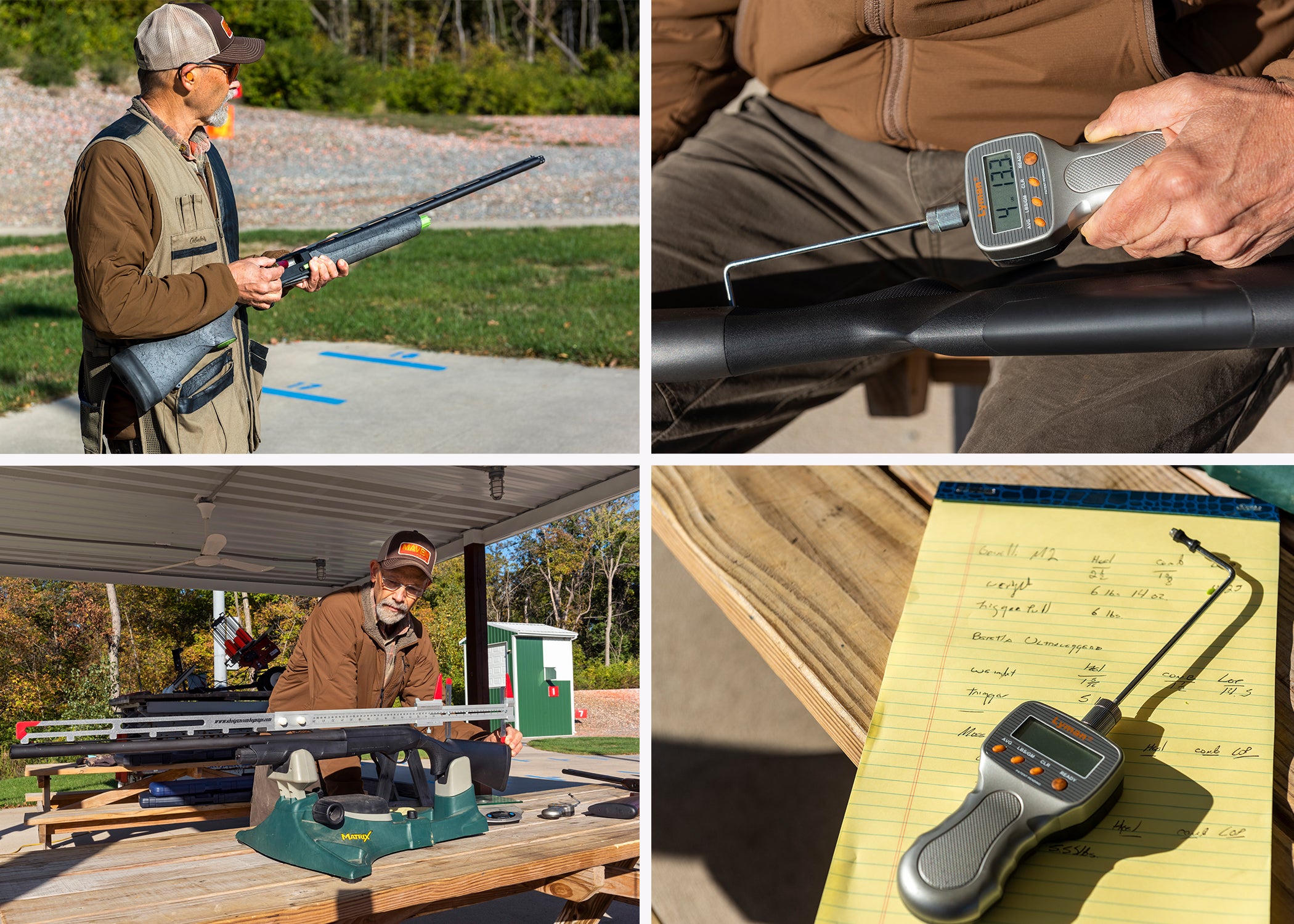 Collage of shotgun tester shooting shotguns at the range, testing trigger pull, and measuring stock dimentions.
