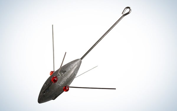 A sputnik sinker used in surf fishing rigs shown on a gradient background