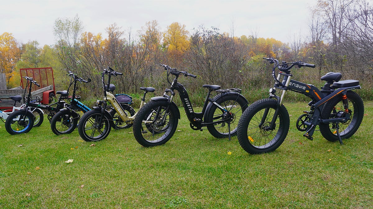 Six fat tire electric bikes sitting on a grassy lawn.